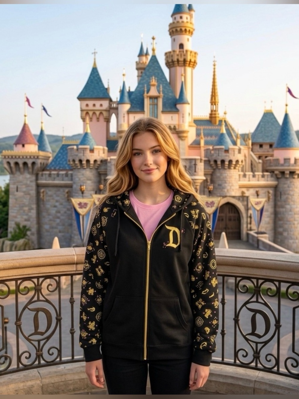 Disneyland exclusive Sleeping Beauty castle black & shiny gold full zip hoodie L